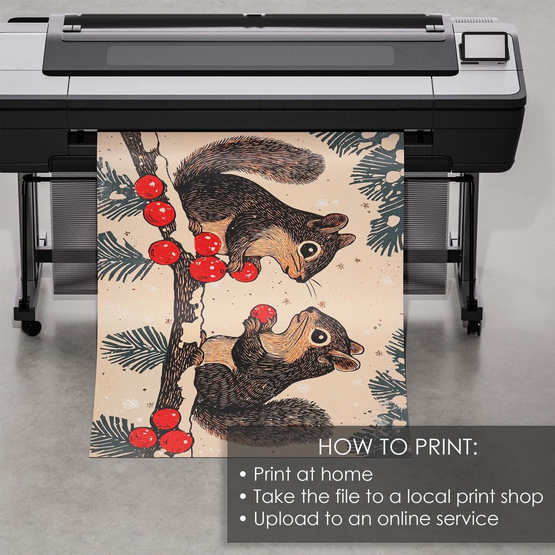 Two Squirrels Red Berries Snowy Branch Vintage Christmas Art Print - Image 5