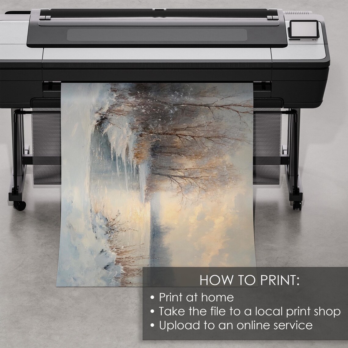 Golden Sunset Over Snowy Forest Pond Winter Landscape Painting Poster - Image 5