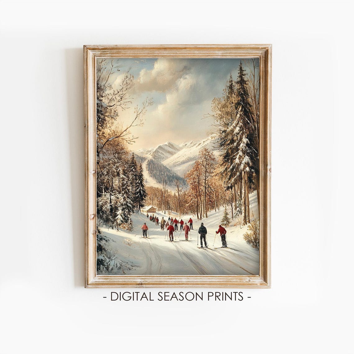 Vintage Skiers Red Coats Mountain Trail Winter Sports Poster