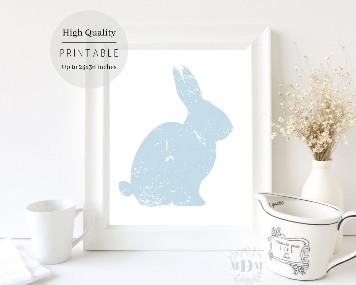 Light Blue Bunny Silhouette Distressed White Framed Easter Art Poster - Image 4