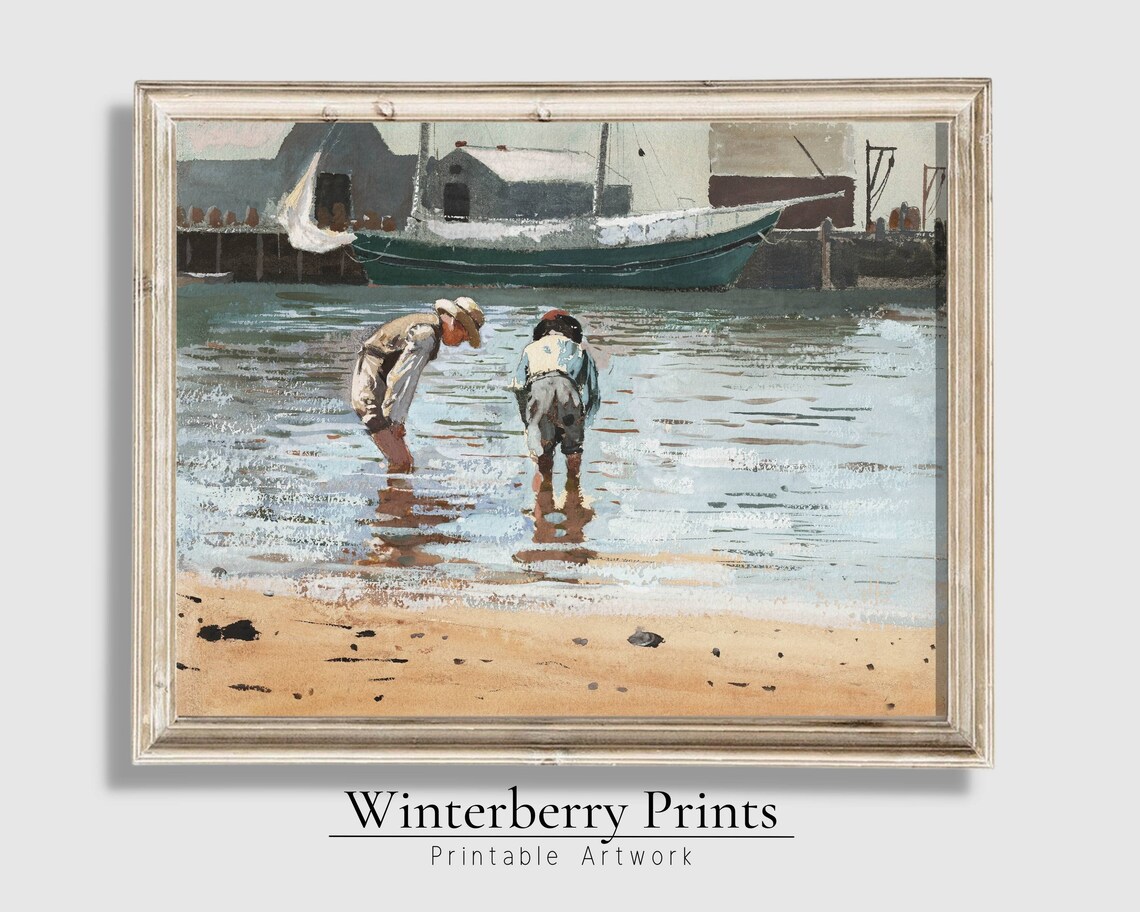 Vintage Boys Wading Harbor Water Sailboat Antique Seascape Art Poster - Image 5