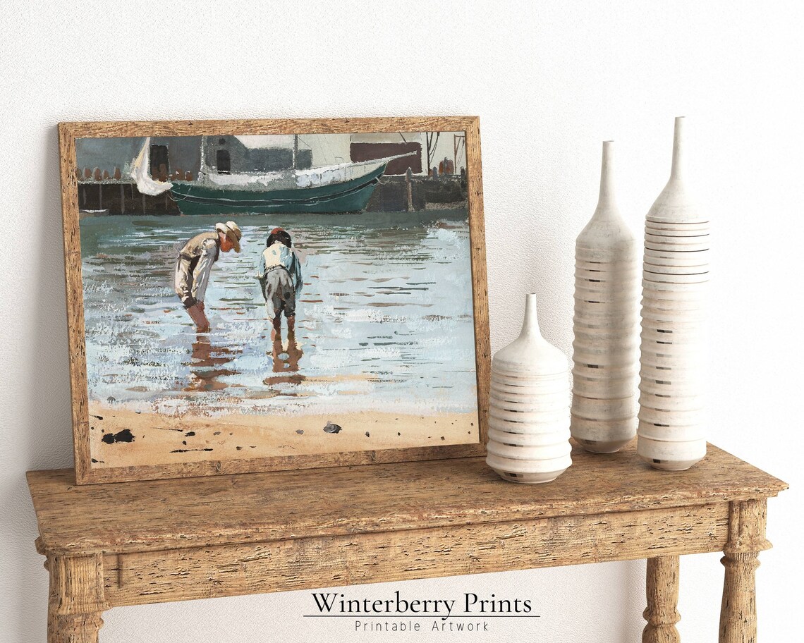 Vintage Boys Wading Harbor Water Sailboat Antique Seascape Art Poster - Image 4