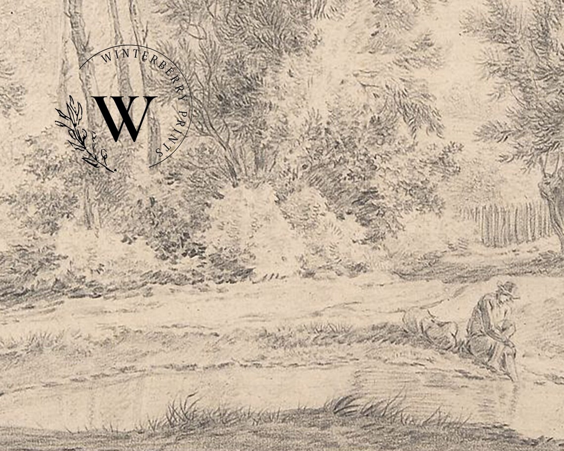Antique Pencil Sketch Woodland Pond Trees Peaceful Landscape Wall Art - Image 3
