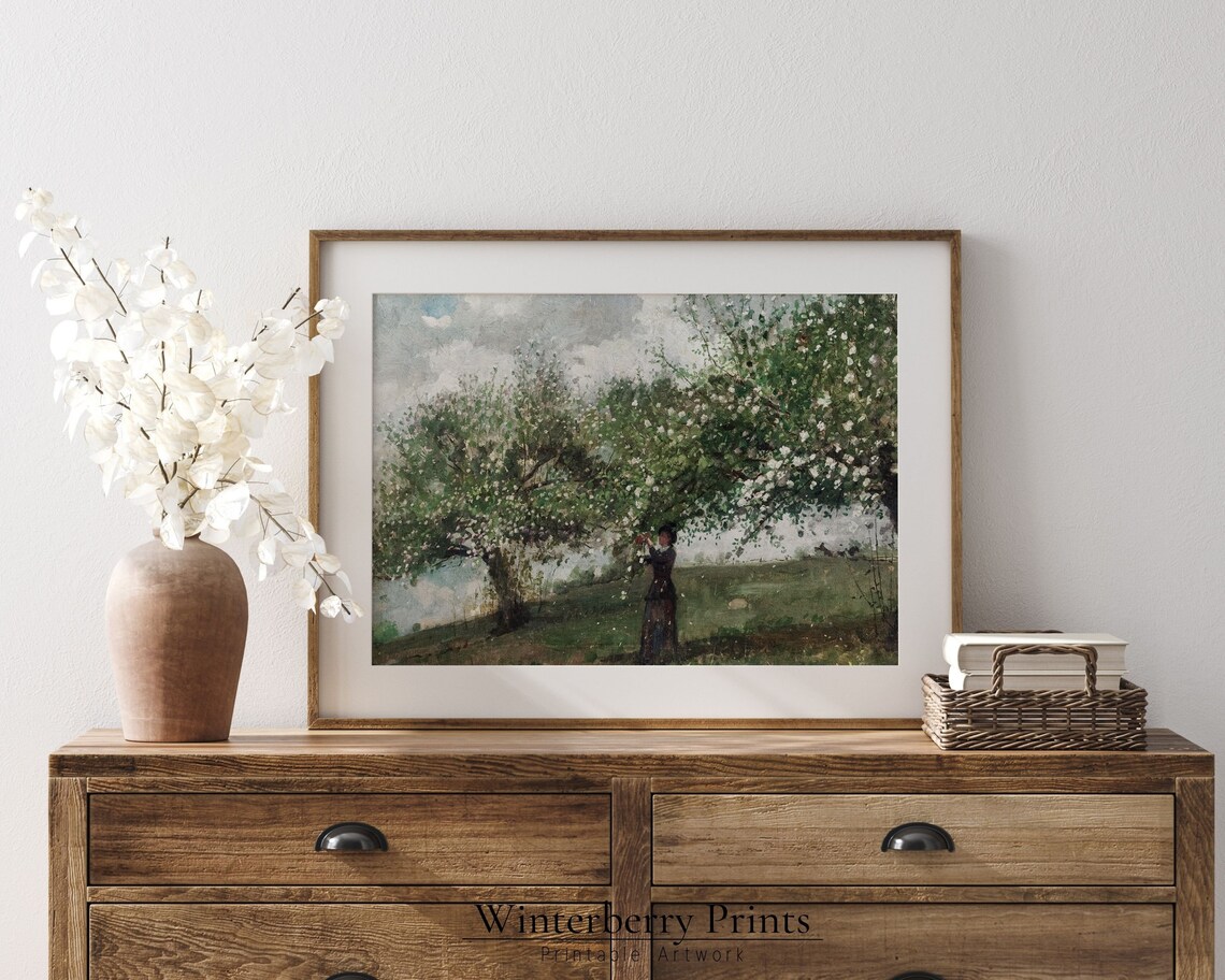 Vintage Lady Picking Blossoms Flowering Orchard Oil Painting Antique Poster - Image 2