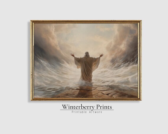 Moses Parting the Red Sea Ocean Waves Biblical Scene Christian Art Print