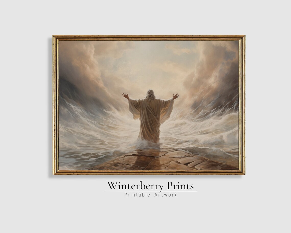 Moses Parting the Red Sea Ocean Waves Biblical Scene Christian Art Print