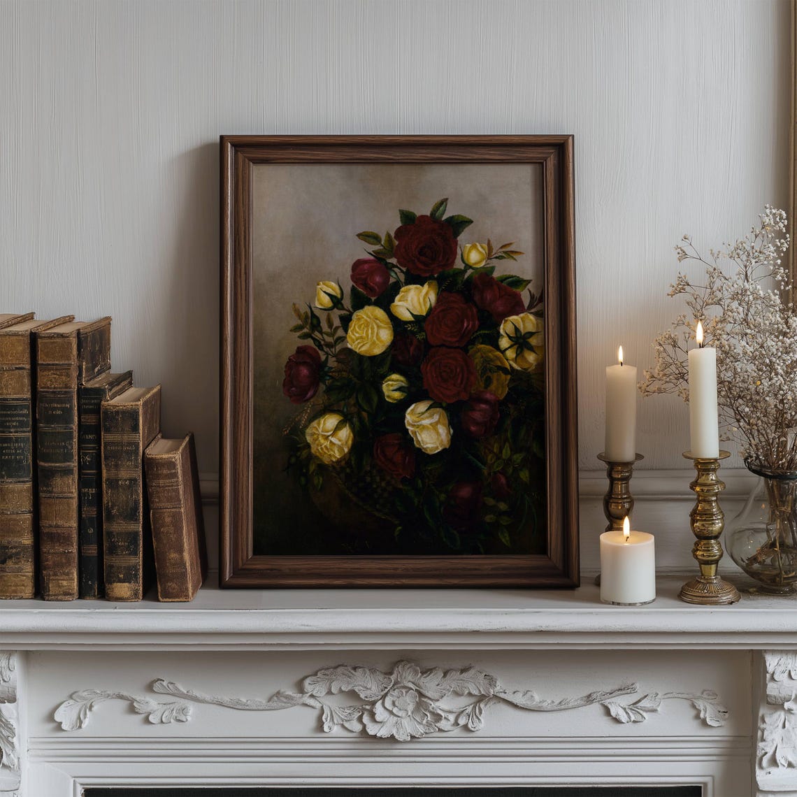 Vintage Red And Yellow Roses Oil Painting Victorian Wall Art