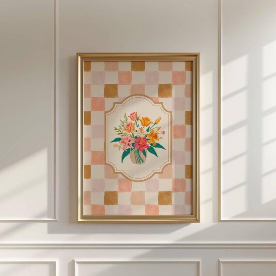 Brown Check Floral Print Colour Pencil Illustration Wall Art Botanical Flower Painting Checkered Trendy Decor Bouquet