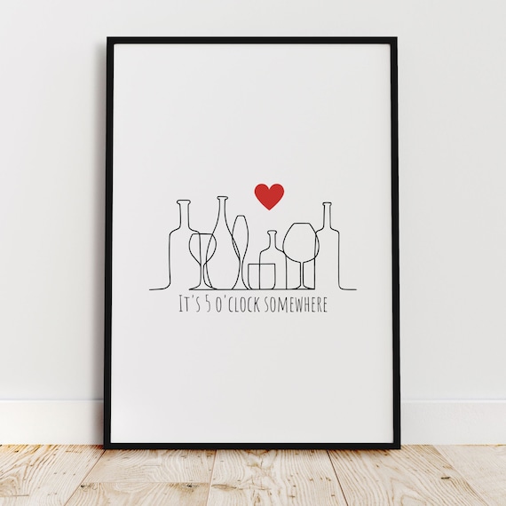 Its 5 Oclock Somewhere Wine Bottles and Glasses Line Art Poster