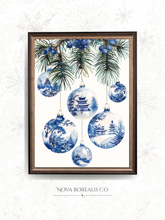 Blue White Chinoiserie Christmas Ornaments Pine Branch Art Poster
