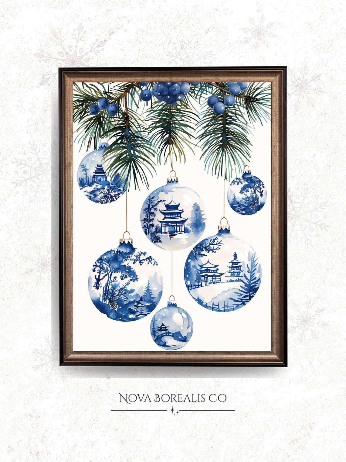 Blue White Chinoiserie Christmas Ornaments Pine Branch Art Poster
