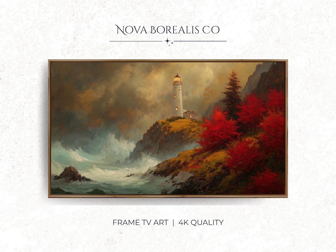 Moody Lighthouse Coastal Oil Painting Stormy Sea Red Autumn Cliffs Poster