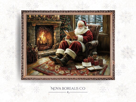 Cozy Santa Claus Fireside Reading Poster Traditional Christmas Holiday Artwork