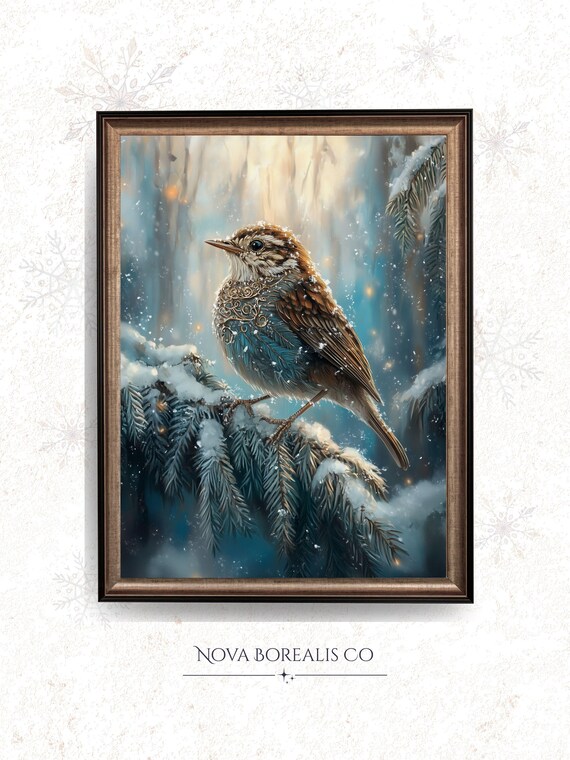 Tiny Winter Wren Snowy Branch Fairytale Christmas Bird Wall Art