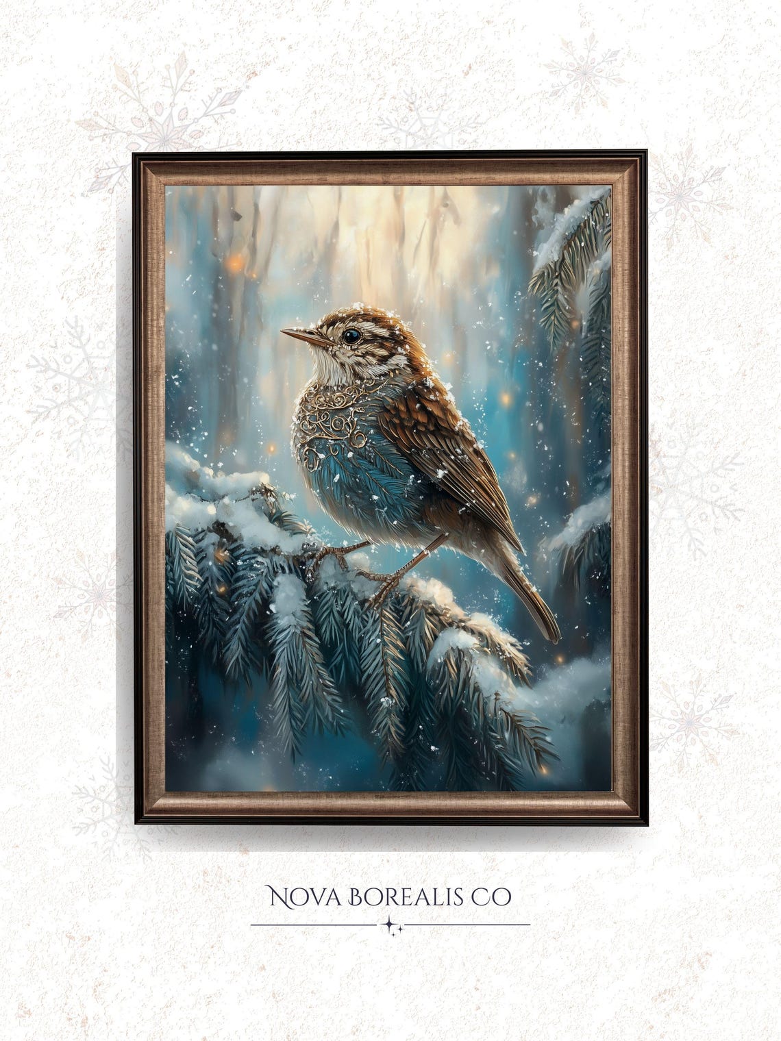 Fairytale Tiny Winter Wren Illustration Cozy Christmas Bird Art Snowy Branches Wall Decor 87