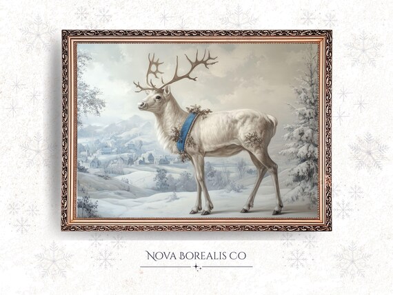White Reindeer Snowy Winter Landscape Rustic Vintage Holiday Wall Art