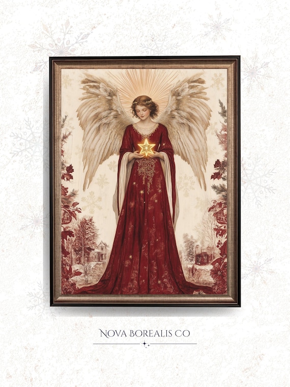 Christmas Angel in Red Gown Holding Star Vintage Winter Art Poster