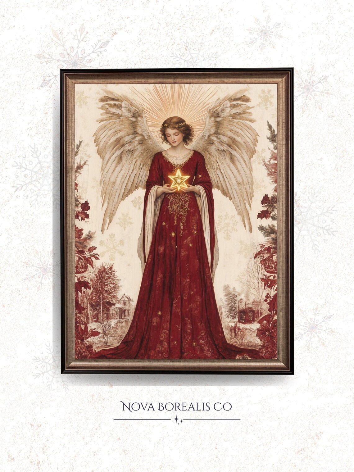 Christmas Angel in Red Gown Holding Star Vintage Winter Art Poster