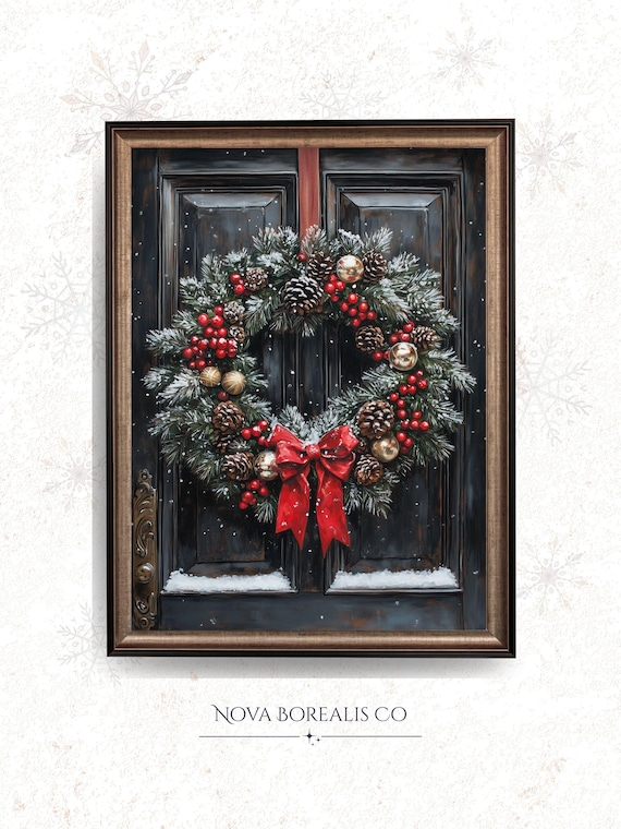 Christmas Wreath On Dark Wooden Door With Red Bow Art Poster