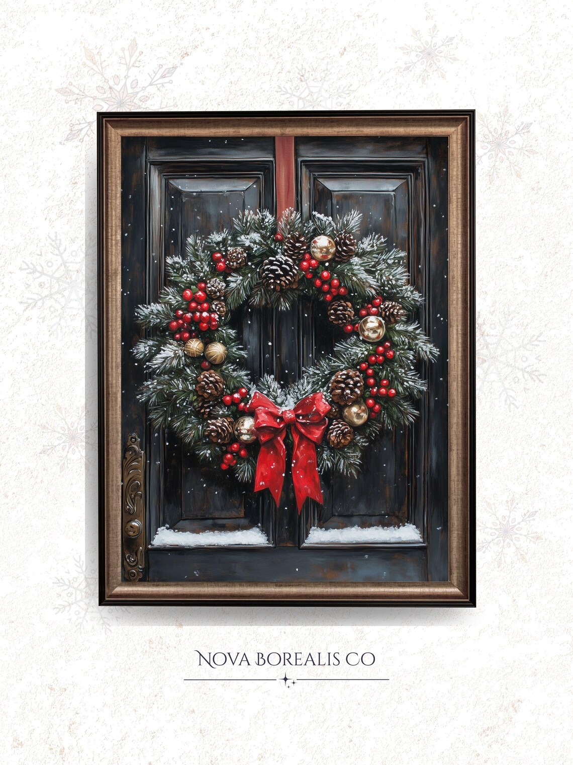 Christmas Wreath On Dark Wooden Door With Red Bow Art Poster