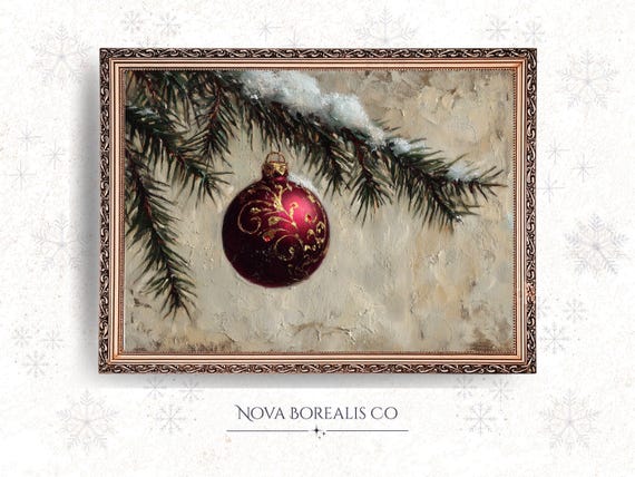 Christmas Ornament Wall Art Vintage Deep Ruby Red Bauble Painting Cozy Holiday Decor Moody Winter 39