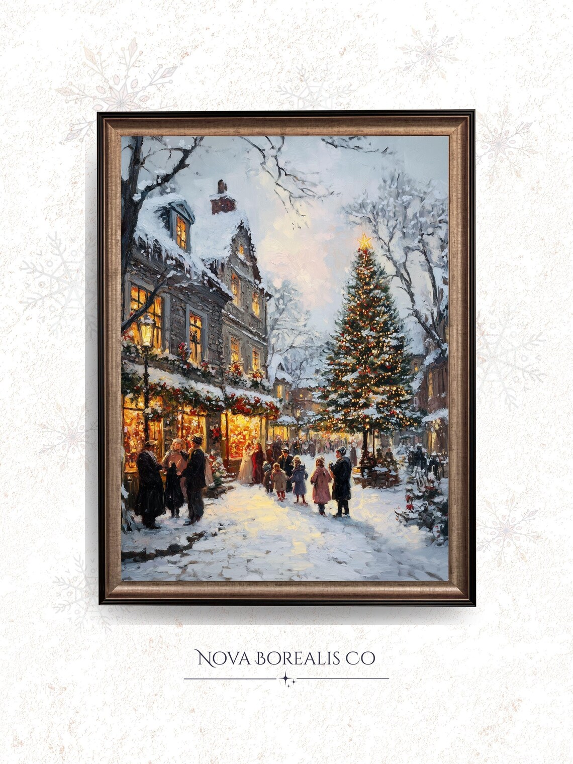 Victorian Christmas Street Snowy Night With Lit Tree Vintage Poster