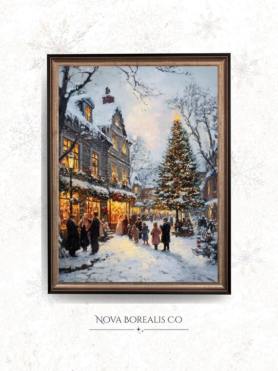 Victorian Christmas Street Snowy Night With Lit Tree Vintage Poster