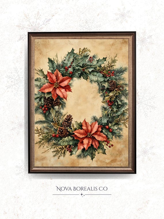 Vintage Christmas Wreath Art Printables Antique Botanical Holiday Rustic Cozy Decor Festive Watercolor Farmhouse 160