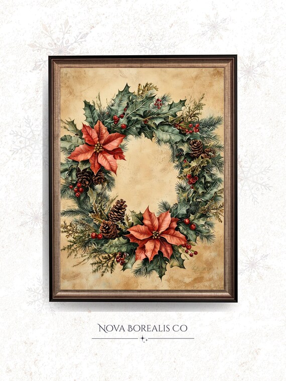 Vintage Poinsettia Christmas Wreath Holly Pinecone Antique Art Poster