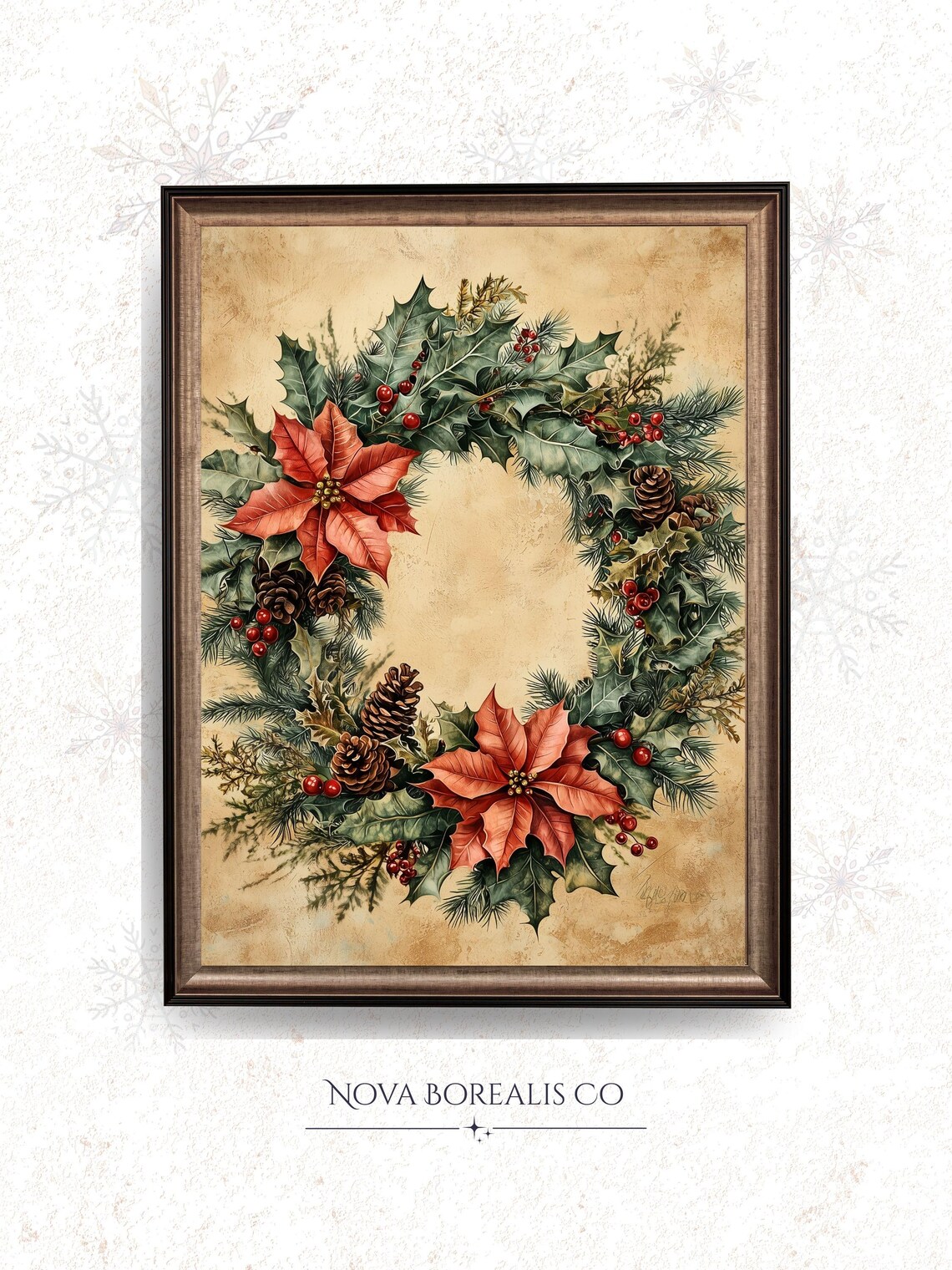 Vintage Poinsettia Christmas Wreath Holly Pinecone Antique Art Poster