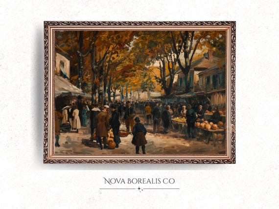 Rustic Autumn Market Scene Provincial Village Harvest Painting Poster