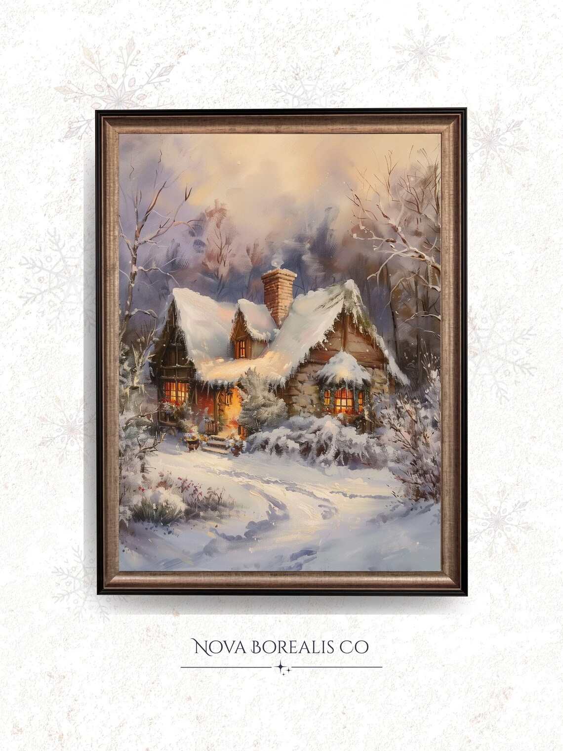 Snowy Cottage at Dusk Glowing Windows Winter Christmas Art Poster