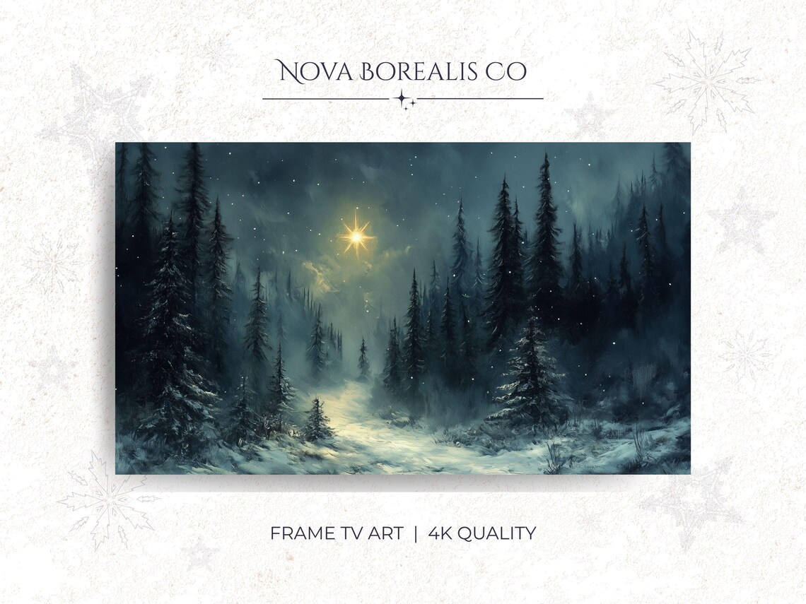 Starry Winter Pine Forest Moody Night Landscape Scenic Art Poster