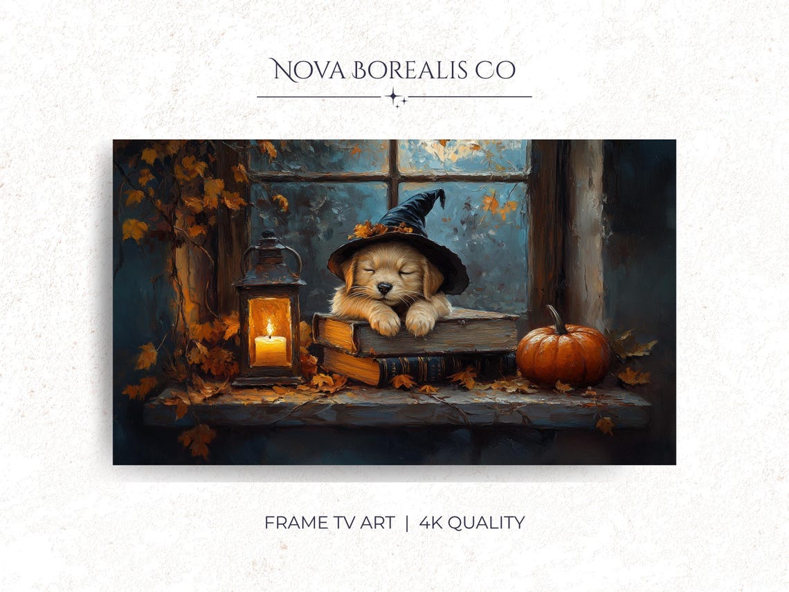 Rustic Autumn Puppy Art For Frame Tv Sleepy Golden Retriever In Fall Pumpkin Lantern Decor 23