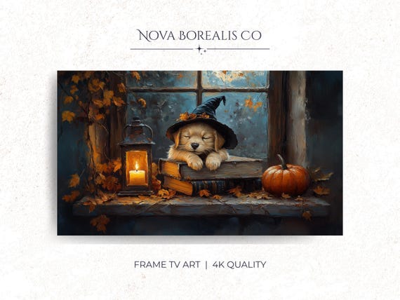 Rustic Autumn Puppy Art For Frame Tv Sleepy Golden Retriever In Fall Pumpkin Lantern Decor 23