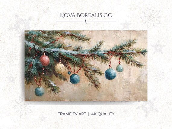 Vintage Christmas Evergreen Branch Ornaments Frame TV Art Poster