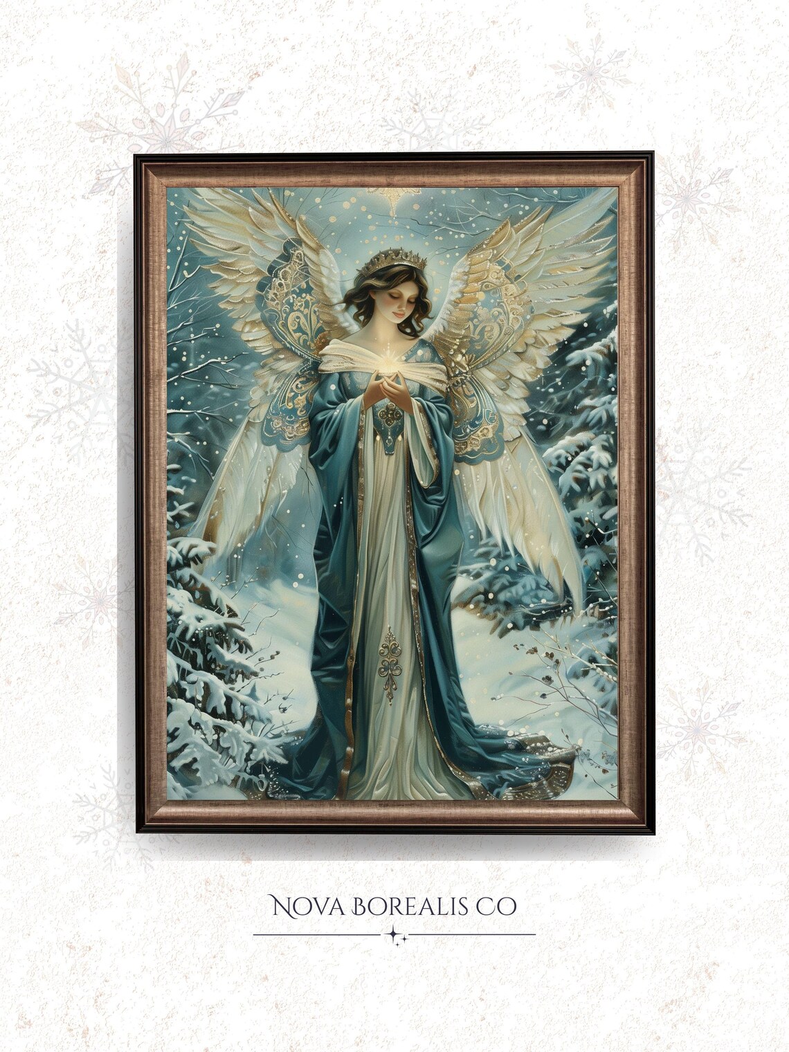 Victorian Christmas Angel in Blue Gown Snowy Forest Glow Wall Art