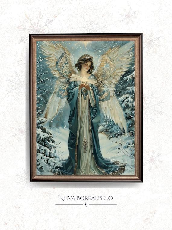 Victorian Christmas Angel in Blue Gown Snowy Forest Glow Wall Art