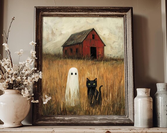 Ghost And Black Cat In A Wheat Field By A Rustic Red Barn Poster