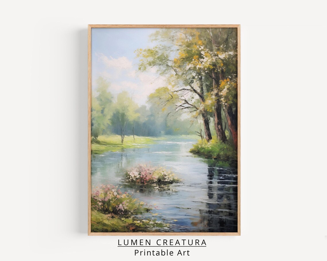 River Landscape Painting, Vintage Art Print