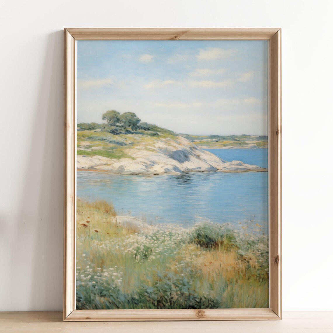 Rustic Seaside Landscape Painting, Vintage Farmhouse