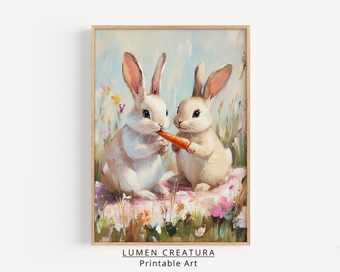 Easter Bunny Art Print, Cute Neutral Spring Farmhouse
