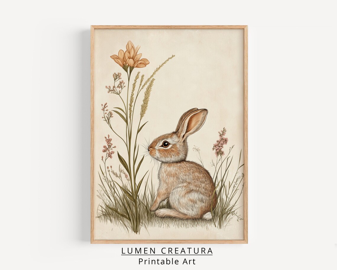 Cute Rabbit Bunny, Rustic Vintage Spring Art Print