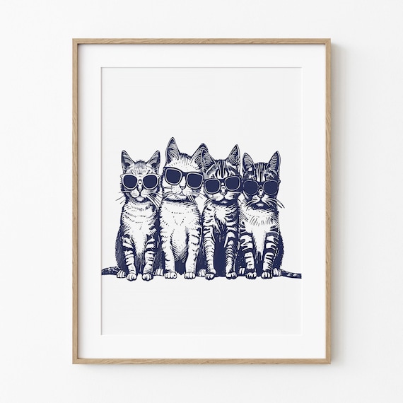 Four Tabby Cats Wearing Sunglasses Blue Ink Coastal Funny Poster