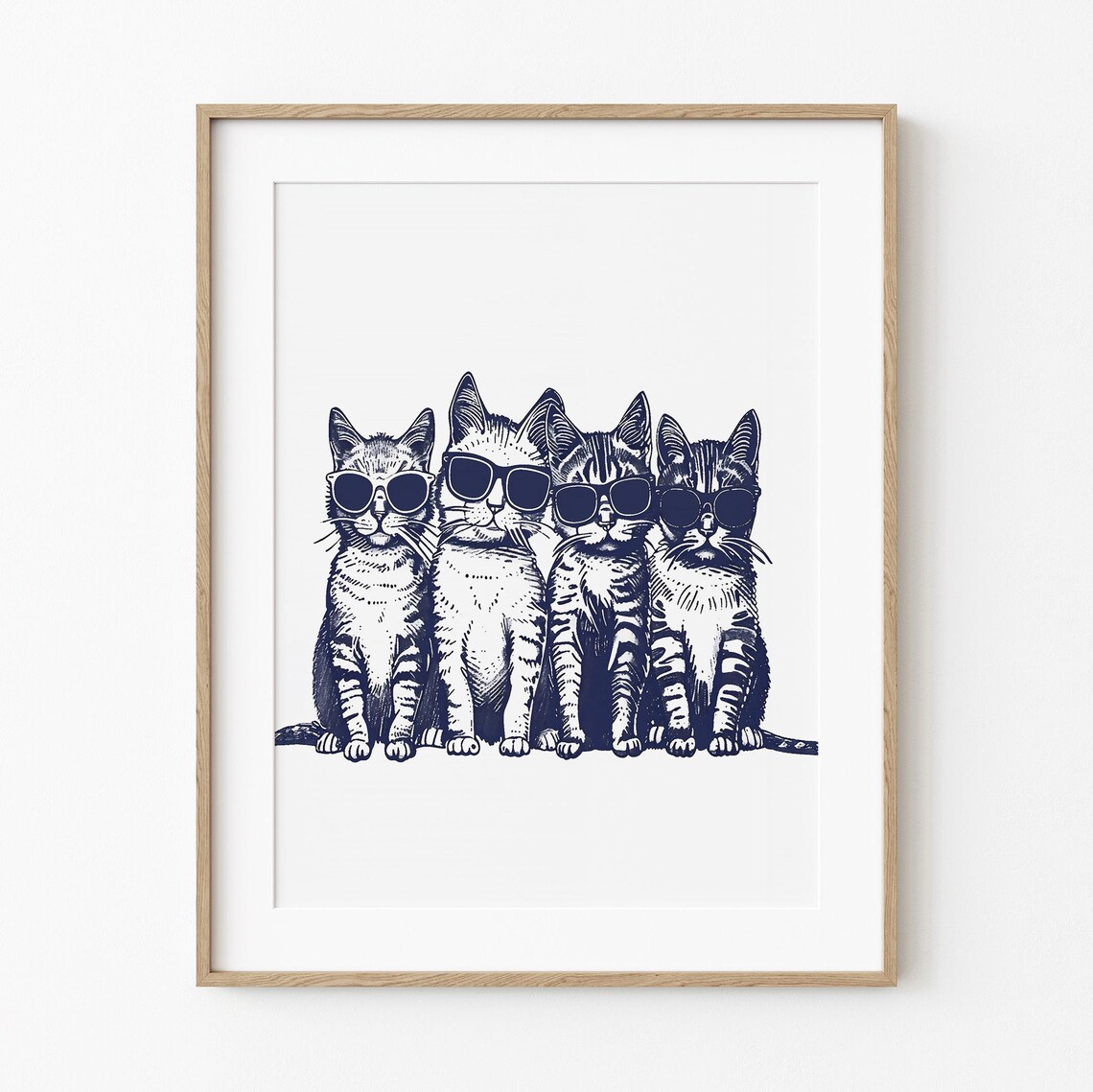 Four Tabby Cats Wearing Sunglasses Blue Ink Coastal Funny Poster