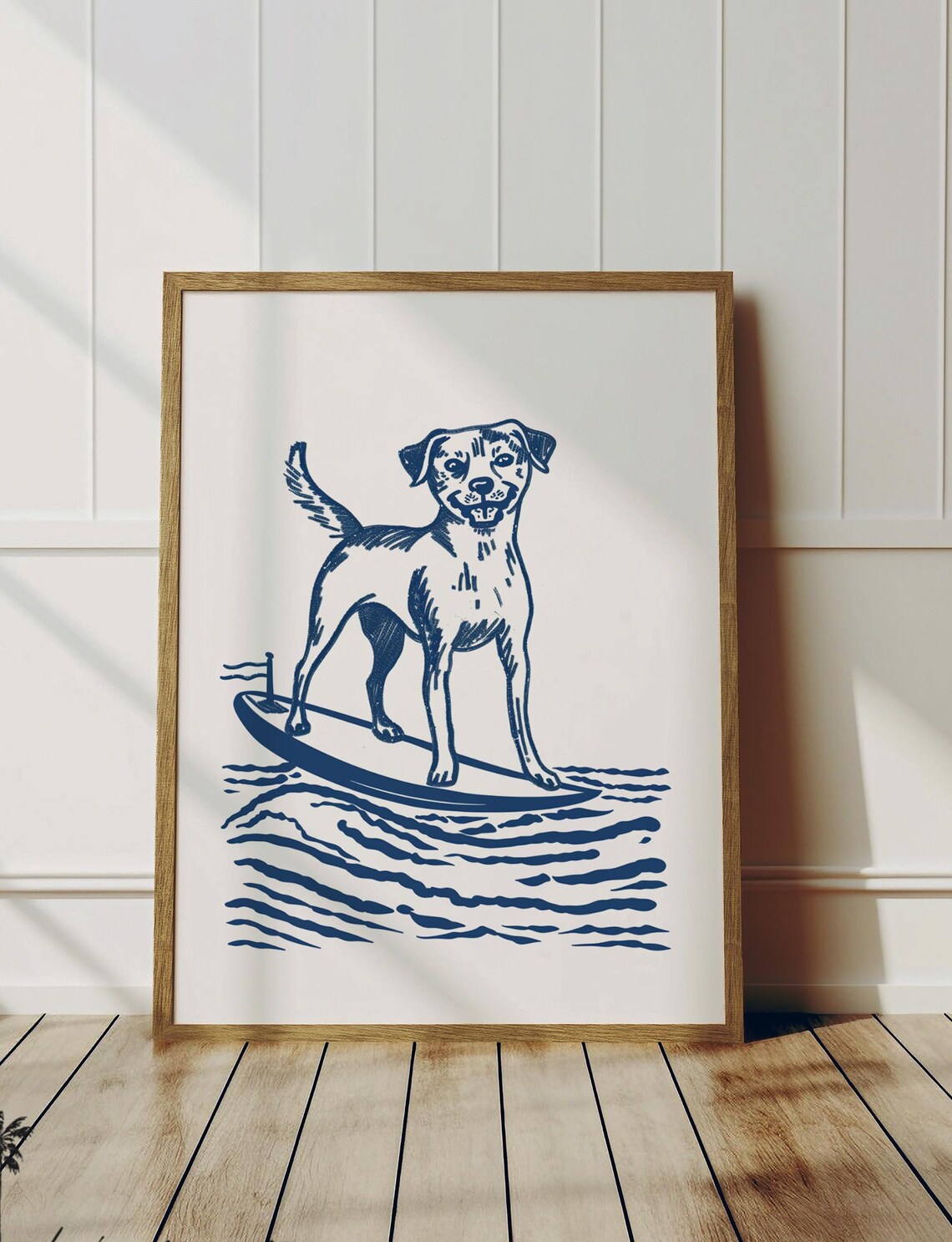 Happy Terrier Dog Riding Surfboard Navy Ink Sketch Coastal Beach Poster