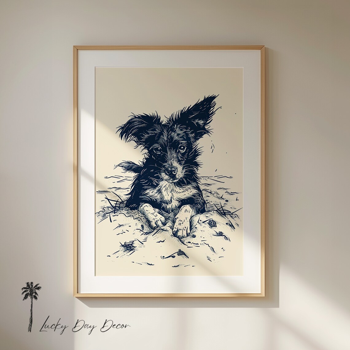 Playful Scruffy Black Dog Ink Sketch Vintage Puppy Beach Art Poster