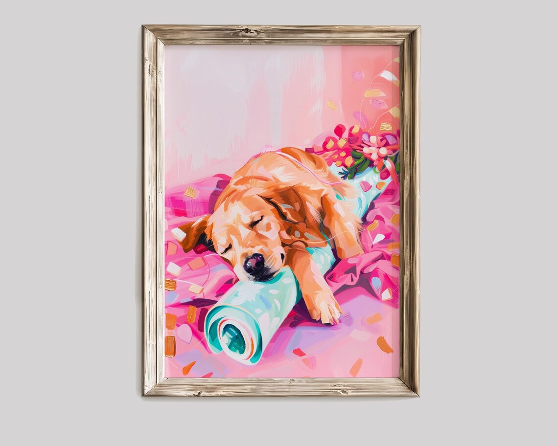 Sleeping Golden Retriever Puppy On Wrapping Paper Pastel Pink Christmas Poster