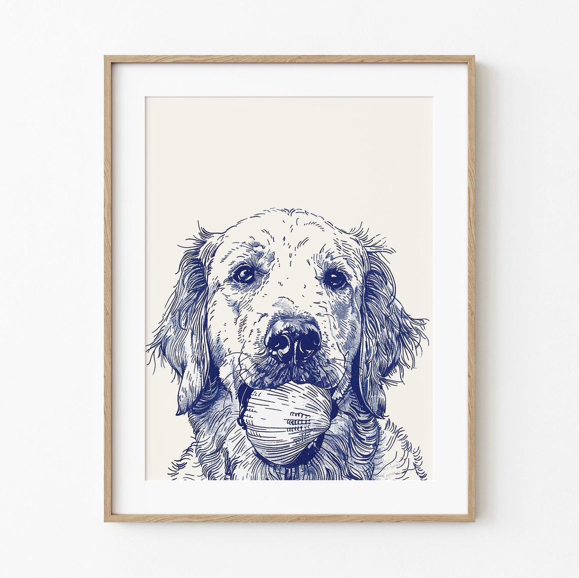 Golden Retriever Sketch Blue Ink Coastal Dog Ball Art Poster