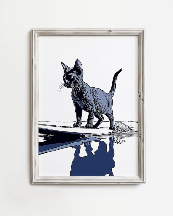 Black Cat Surfing on Surfboard Ocean Waves Navy Coastal Wall Art